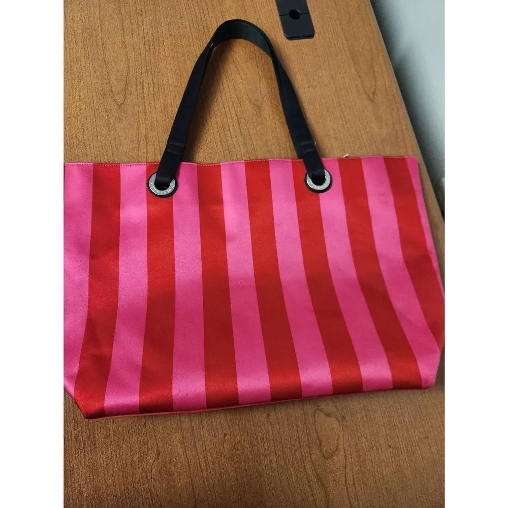 Victoria Secret Rhinestones Pink Red Vertical Stripe Large Tote Bag Weekender